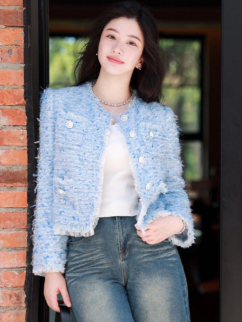 2025 New Trendy Blue Round-Neck Tweed Jacket for Women, Popular This Year, with a Light Luxury and High-End Feel
