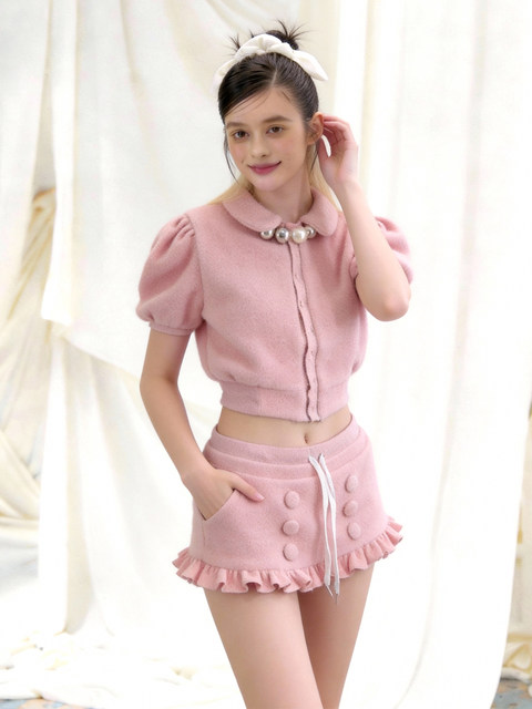 Chanel-Style Elegant Pink Outfit with Doll Collar and Puff Sleeves, French-Style 2026 Super Trendy Outfit Set