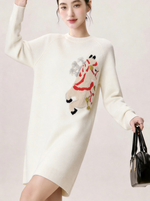 Cute Casual Style Jacquard Knit Dress for Women 2026 Summer White Round Neck Long Sleeve Petite Dress