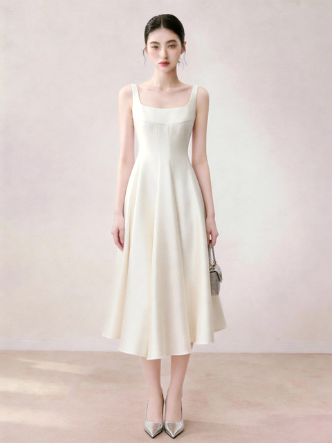 Elegant Sleeveless Suspender Dress 2026 Summer Waist-Cinching Slimming White Mid-Length Dress with a High-End French Minimalist Style