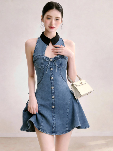 High-End Designer Denim Dress for Women 2026 Summer Sleeveless Waist-Cinching Bow Blue Elegant Outfit Dress