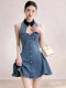 High-End Designer Denim Dress for Women 2026 Summer Sleeveless Waist-Cinching Bow Blue Elegant Outfit Dress