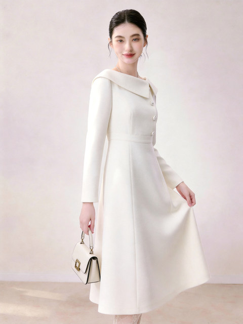 French Elegant Style White Lapel Dress for Women 2026 Summer Long-Sleeved Waist-Cinching A-Line Dress for Date and Party Wear