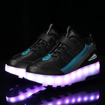 Winter new mens and womens childrens warm velvet charging models with lights two-wheeled riot walking shoes