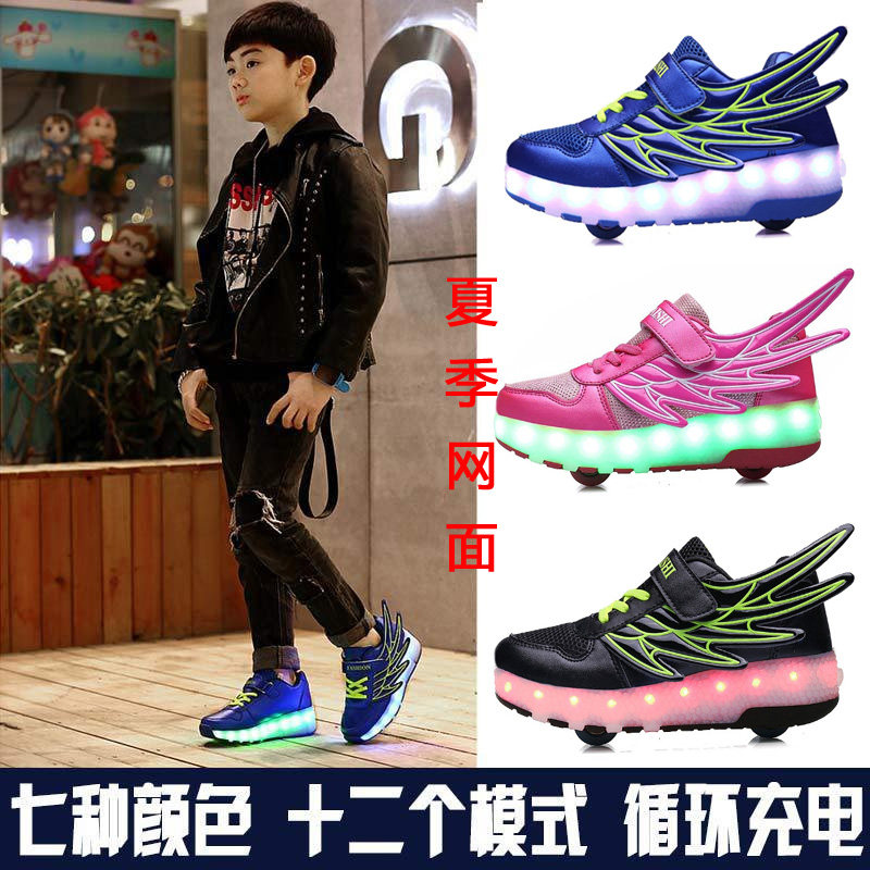 Children Adult Storm Walking Shoes Single Double Wheels LED with light USB connector Charging wheels Shoe leather face with wings