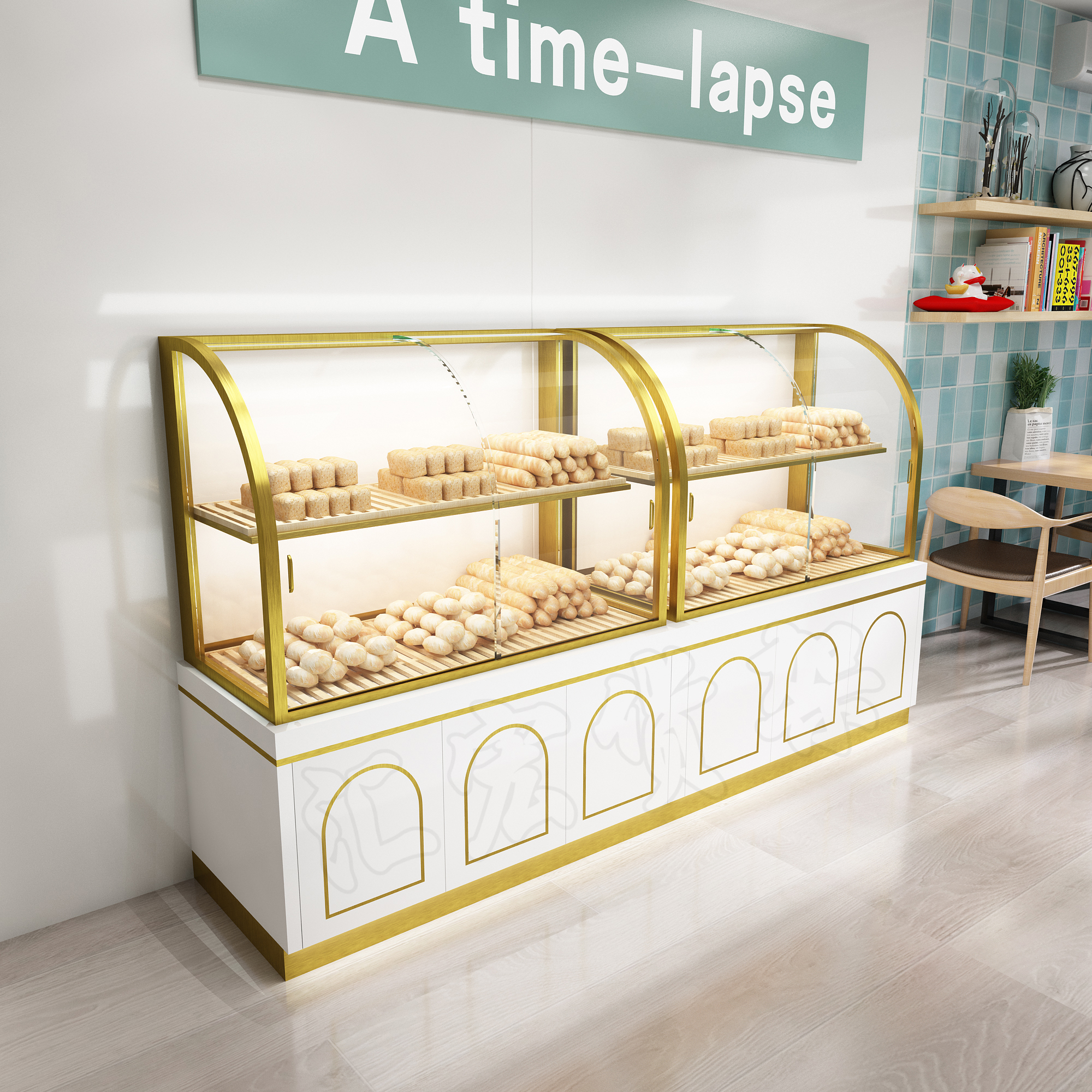 New stainless steel plated titanium bread cabinet arched glass display case solid wood middle island pastry Peach Crisp cabinet Custom
