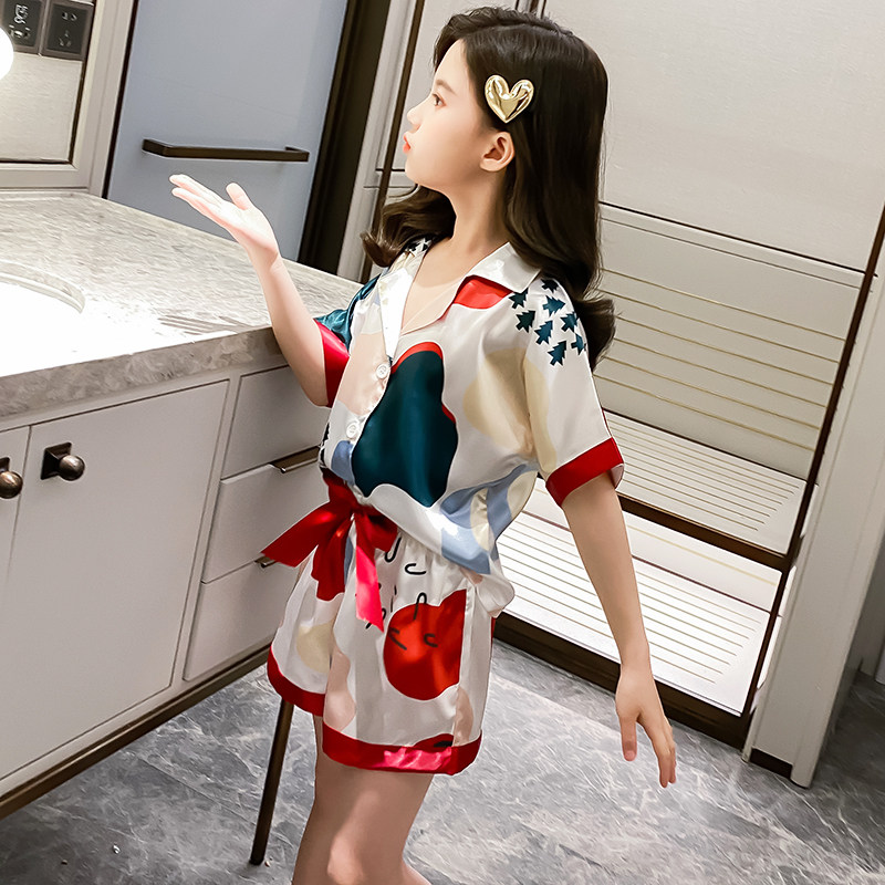 Girls' Pajamas Set 2022 New Summer Dress Medium Big Kids Thin Ice Silk Loungewear Children's Short Sleeves Air Conditioning Suit