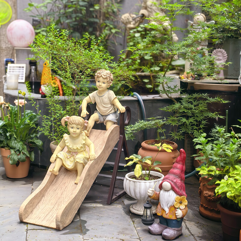 [Clearance Sale] Creative Outdoor Garden Yard Decoration Cute Resin Slide Boy and Girl Figurines