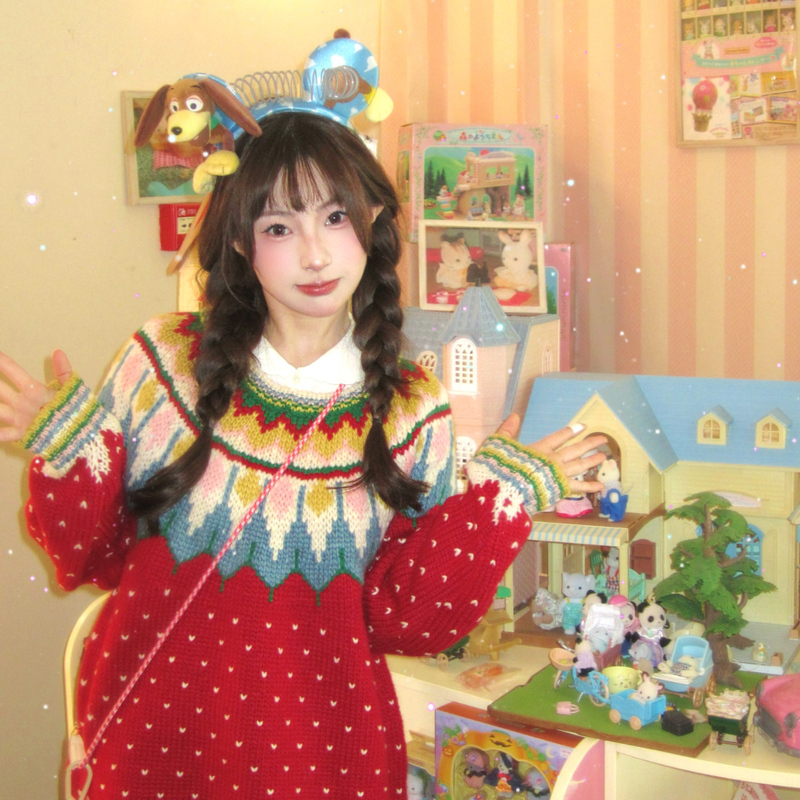 【Berry Dingdang】Wild Pea LAOSHU Fair Isle Sweater Christmas and New Year Atmosphere Red Pullover Wool 【Berry Dingdang】Wild Pea LAOSHU Fair Isle Sweater Christmas and New Year Atmosphere Red Pullover Wool