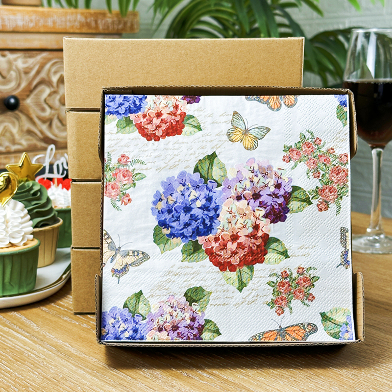 Three-Layer Printed Napkins with Fresh Hydrangea and Butterfly Designs, Colorful Paper Napkins for Hotels, Weddings, and Western Restaurants, Thickened Placemat Paper