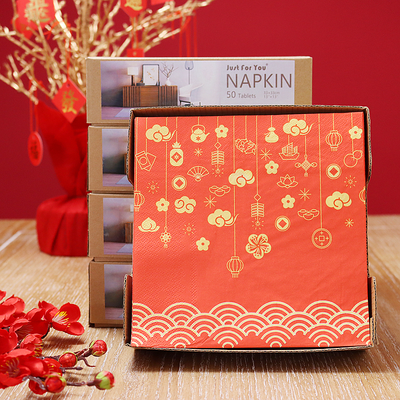Three-Layer Thickened Chinese-Style Spring Festival Printed Napkins, Red New Year Colorful Paper Napkins, Company Annual Meeting Table Decoration