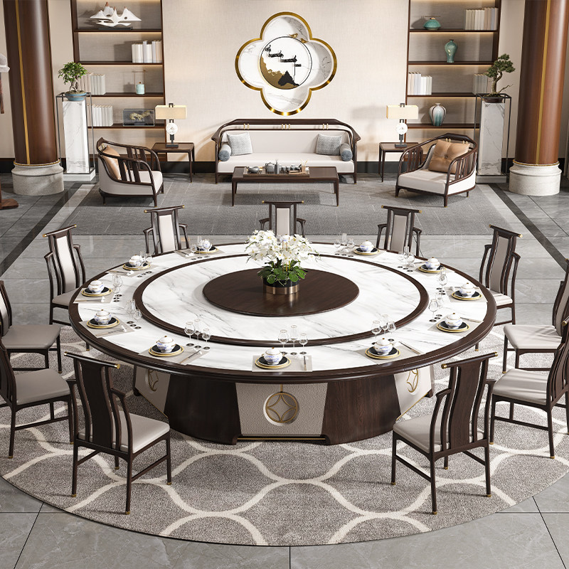 Simply changed hotel electric table New Chinese solid wood large roundtable hotel 20 people rock marble dining table table