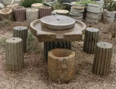 Old stone mill stone table stone stone stone stool outdoor courtyard stone tea tray tea table tea table tea sea stone trough outdoor flowing water landscape