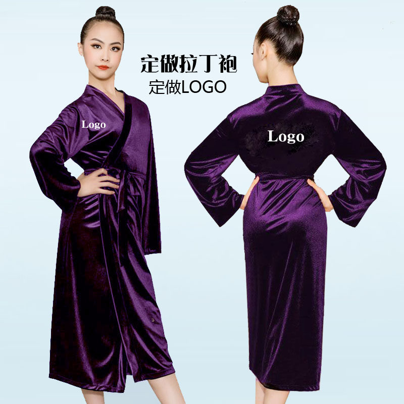 Latin dance shirt custom logo autumn and winter black velvet nightgown long-sleeved male and female models catwalk extended bathrobe