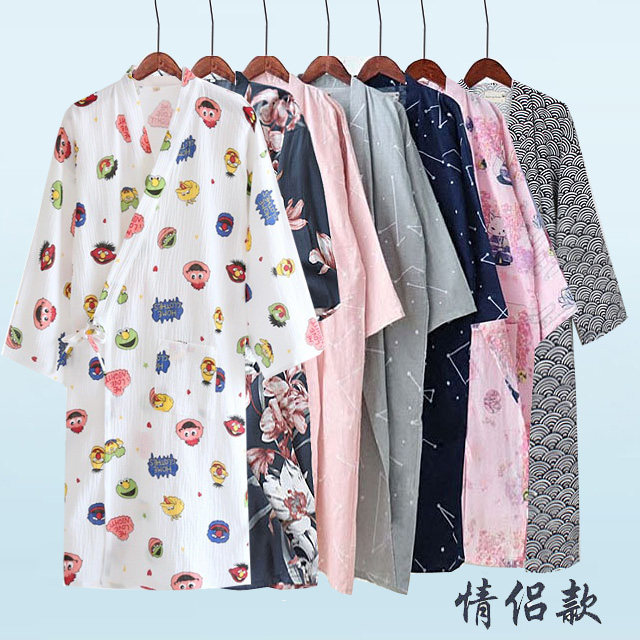 Spring and summer new cotton pajamas for men and women plus size Japanese kimono cardigan yukata bathrobe couple sweat sauna clothes