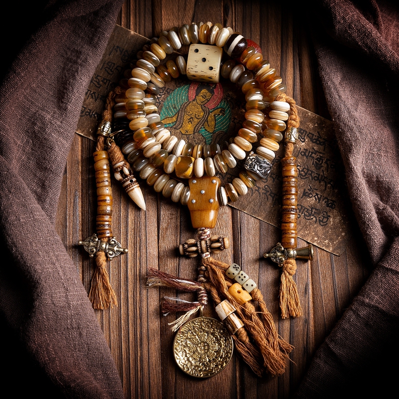 Kajegdou Goat Horn Prayer Beads with Silk-Wrapped Texture, Original Design, 108 Beads, Tibetan Design