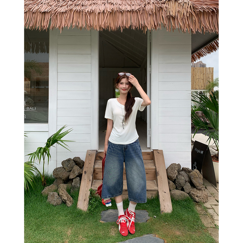 White Little Fish American Style Spicy Girl Washed Vintage Seven-Quarter Jeans for Women, Summer Low-Waist Loose Slimming Wide-Leg Straight Pants