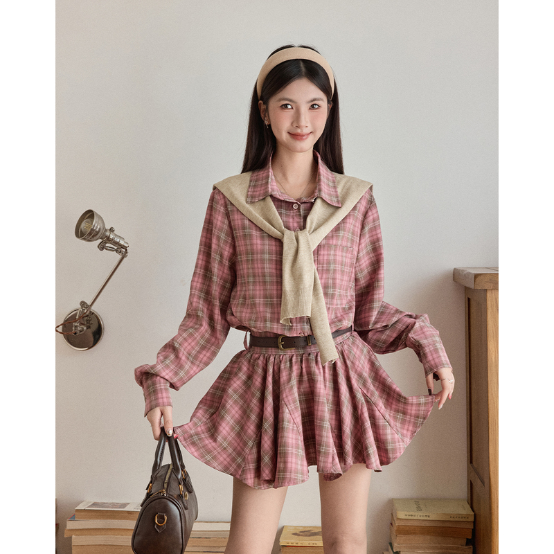 Bai Xiaoyu Original Korean Retro Preppy Style Plaid Shirt Dress for Women, Spring and Autumn Waist-Cinching A-Line Pleated Skirt