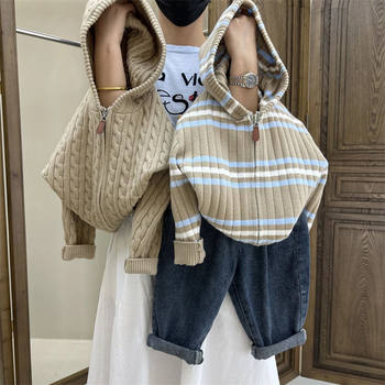 Early autumn boys' color-blocked korean style long-sleeved striped knitted cardigan jacket new baby girl hooded sweater zipper shirt Early autumn boys' color-blocked korean style long-sleeved striped knitted cardigan jacket new baby girl hooded sweater zipper shirt