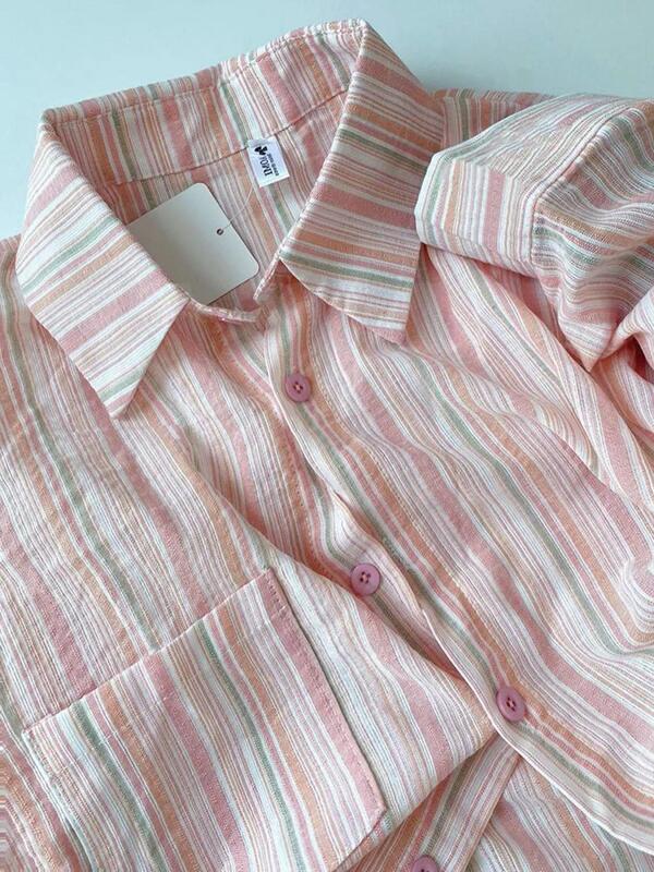 Forest-Style Sweet Pink Cotton Striped Shirt for Women, 2024 Spring and Autumn Style, Can Be Worn Inside or Outside, Loose, Casual, Slimming Shirt