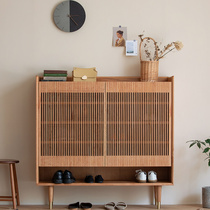 Custom entry shoe cabinet Nordic solid wood porch cabinet cherry wood Japanese grille breathable simple modern lockers