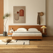 Fu Ye Nordic Wood tatami low bed cherry wood bedside table integrated minimalist modern large board bed light strip