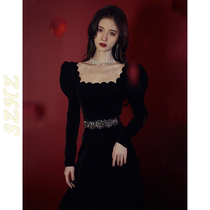 Counter 2020 autumn and winter New temperament star Ju Jingyi catwalk long dress black waist slim velvet dress