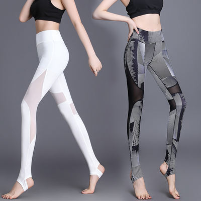 Yoga pants, high-waisted, printed, high-elasticity, tight, quick-drying, hip-lifting white mesh sportswear for summer and autumn