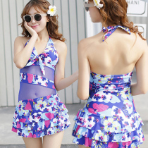 Hot spring skirt-style one-piece swimsuit Womens conservative belly cover thin size chest gathered low-neck halter strapless sexy