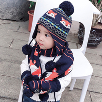 Autumn and winter plus velvet childrens hat male baby wool ear protection scarf glove set baby thick warm hat tide