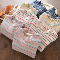 Girls base shirt color striped half high collar baby sweater Autumn Winter children plus velvet padded thick warm coat cotton