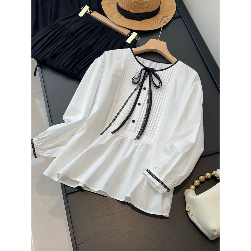 Korean Style Is All about Relaxation! Loose Fit and Slimming~ Round Neck Tie-Up Pleated Long-Sleeve Shirt, Suitable for Work and Age-Reducing Effect, Cotton Top Korean Style Is All about Relaxation! Loose Fit and Slimming~ Round Neck Tie-Up Pleated Long-Sleeve Shirt, Suitable for Work and Age-Reducing Effect, Cotton Top