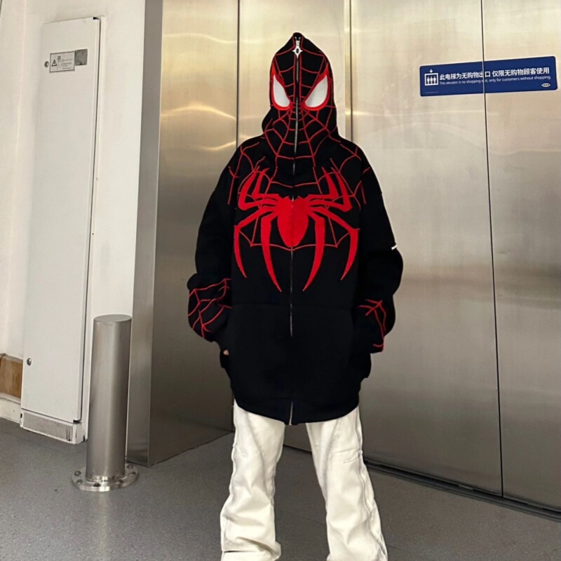 Flocked Embroidered Spider-Man Hoodie for Men and Women, Autumn and Winter American Style Trendy Brand Loose Versatile Couple Cardigan Jacket Flocked Embroidered Spider-Man Hoodie for Men and Women, Autumn and Winter American Style Trendy Brand Loose Versatile Couple Cardigan Jacket
