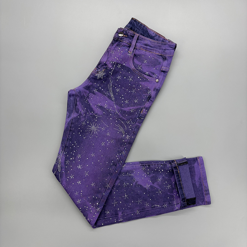 European Style Tencel Thin Rhinestone Jeans for Men, European Version, Fashionable and Trendy, Floral Purple Versatile Slim-Fit Pants