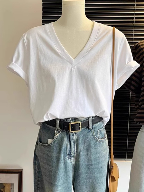 V-Neck All-Cotton White T-Shirt for Women, High-End Feel, 2025 Summer New Style, Slimming, Concealing, Sweetheart Neckline, Loose Short-Sleeve Top