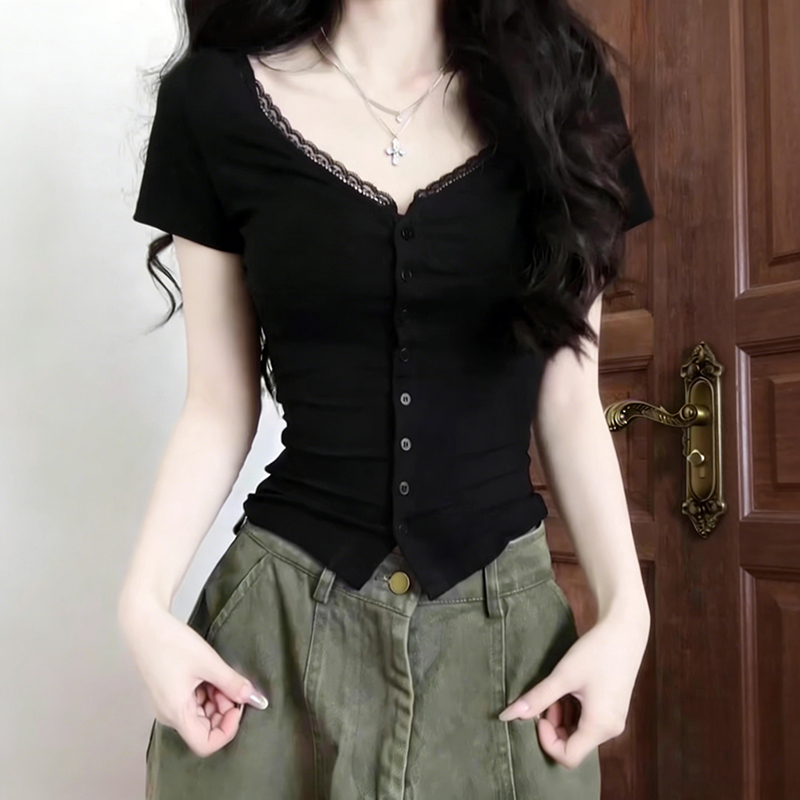 Lace V-Neck Short-Sleeve T-Shirt for Women 2026 New Style Top Black Hot Girl Short Base Shirt Can Be Worn Inside or Outside Stylish Lace V-Neck Short-Sleeve T-Shirt for Women 2026 New Style Top Black Hot Girl Short Base Shirt Can Be Worn Inside or Outside Stylish