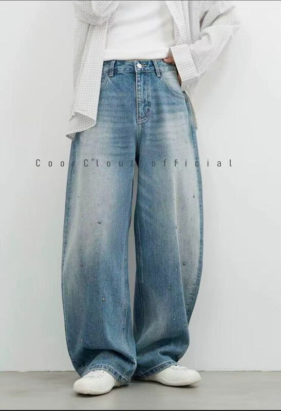 American-Style Summer Heavy-Duty Washed Denim Jeans with Rhinestones, Straight-Leg and Curved Jeans, Trendy Fashion Long Pants