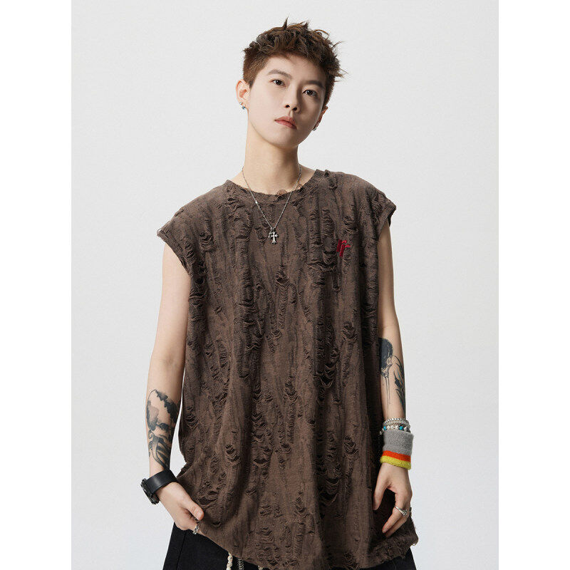 American-Style Hollow-Out Ripped Ice Silk Vest for Men, Summer Wasteland Style Sweatshirt, Sports Fitness Cool Sleeveless T-Shirt