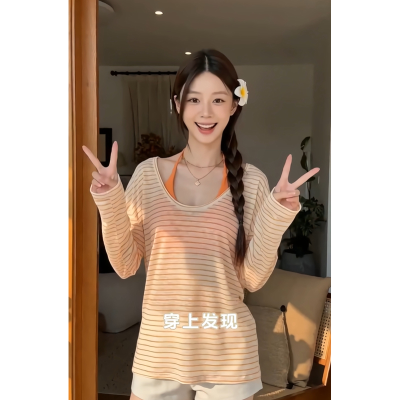 Slightly See-Through Striped Long-Sleeve 2026 New Style Loose Lazy Style Top Cover-Up T-Shirt for Women, Orange Soda Style, Thin Version