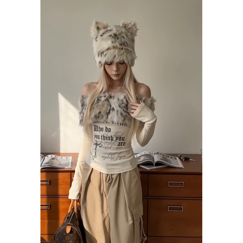 Hot Girl One-Shoulder Long-Sleeve T-Shirt for Women, Ins Slim-Fit Design Top, Y2K Subculture!! !【Fur Collar】