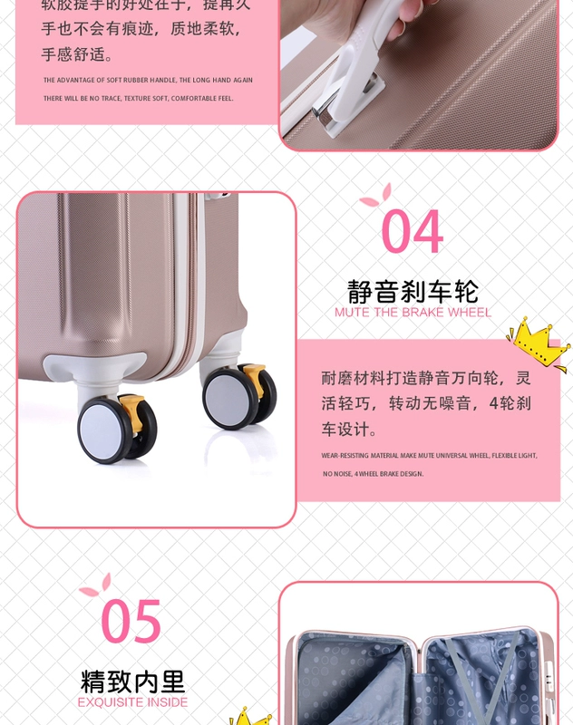 Phiên bản tiếng Hàn của vali nhỏ tươi 24 bánh xe phổ thông du lịch trường hợp xe đẩy nam và nữ du lịch hành lý hộp mật khẩu hành lý - Va li