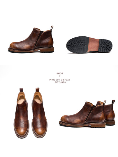 Chelsea Boots for Men, Retro British Style, Genuine Leather Mid-Top Martin Boots, Winter Fleece-Lined Men's Round-Toe Slip-On Short Boots