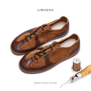 Men's Genuine Leather Color-Blocked Flat Casual Sneakers, Autumn Men's Retro Versatile Soft-Soled Slip-On Sneakers