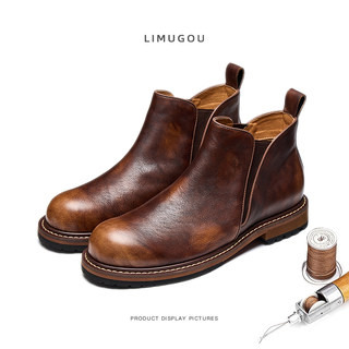 Chelsea Boots for Men, Retro British Style, Genuine Leather Mid-Top Martin Boots, Winter Fleece-Lined Men's Round-Toe Slip-On Short Boots