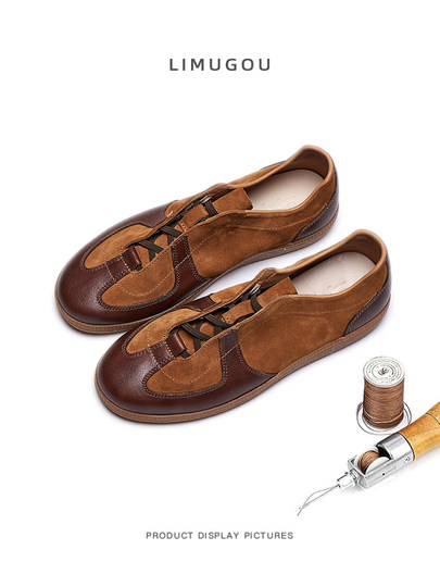 Men's Genuine Leather Color-Blocked Flat Casual Sneakers, Autumn Men's Retro Versatile Soft-Soled Slip-On Sneakers