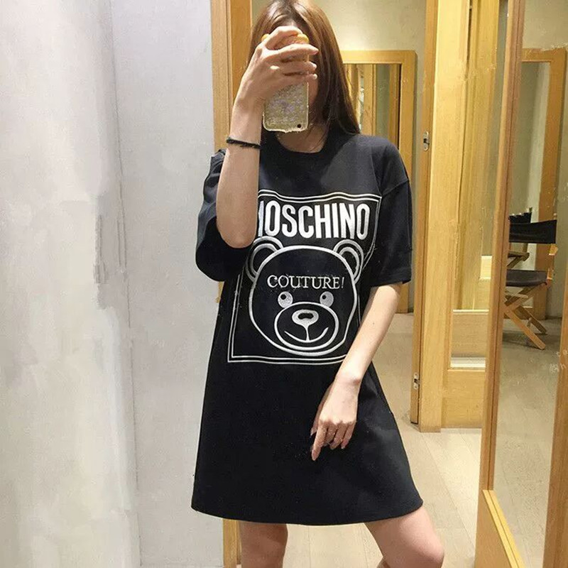Moschino T-Shirt Dress for Women New Style Bear Print Mid-Length Loose Casual Short-Sleeve Round Neck Dress