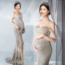 24 new style photo studio pregnant women photo shoot art themed clothing one-shoulder gold sequined dress rental