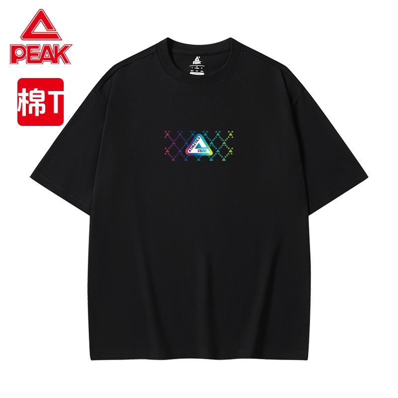 Peak Pure Cotton Short-Sleeved Summer Breathable Round-Neck T-Shirt for Men and Women, Large Triangle Element Cultural Shirt, Loose Top