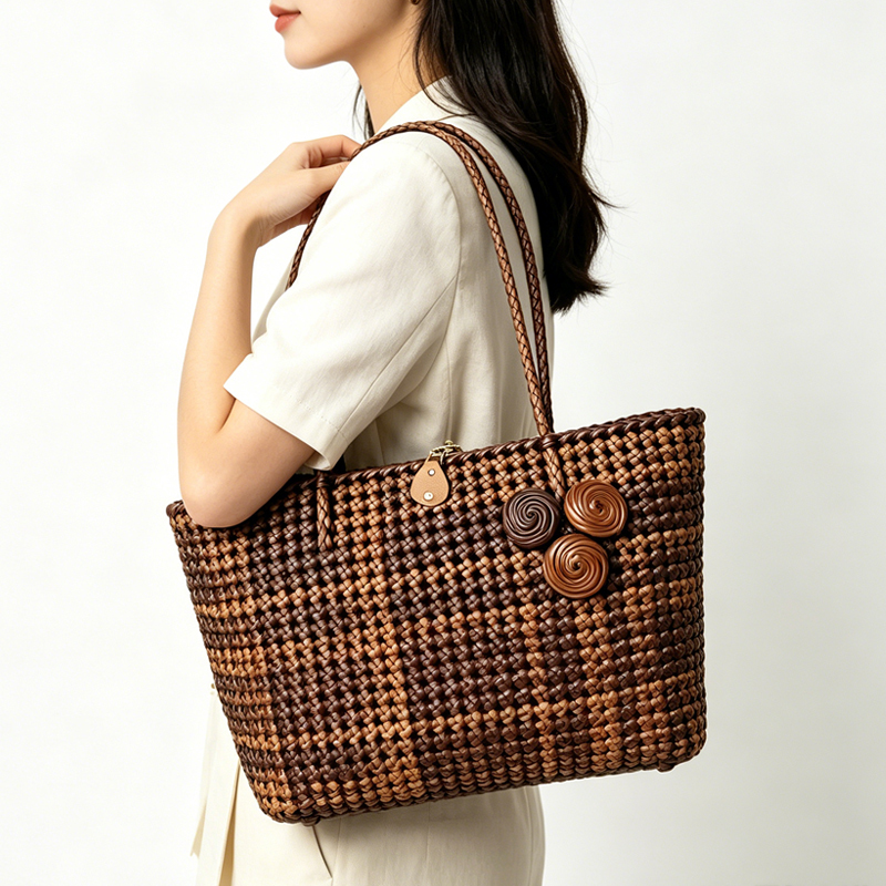 Purely Hand-Woven Tote Bag for Women, Large-Capacity Vegetable Basket, High-End Retro Casual Commuting Rattan Shoulder Bag