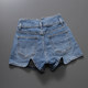 Hong Kong Trendy Brand European Style Korean Version Stretchy Two-Button Dark Blue High-Waisted Denim Shorts Slim Fit Flattering Women's Soft Summer